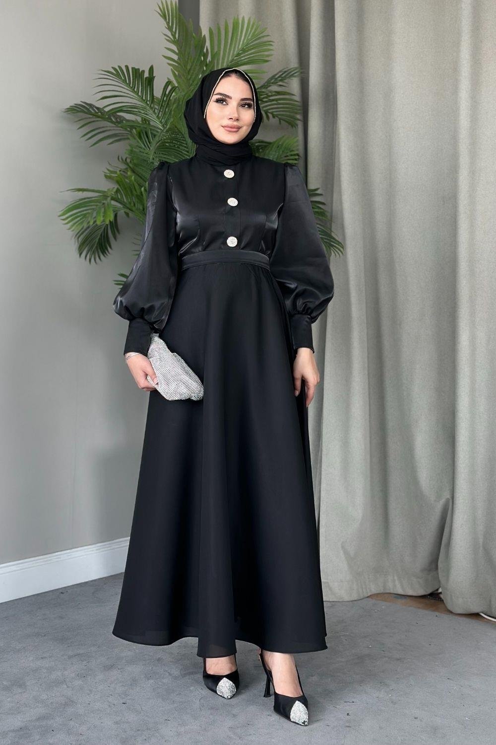 Üç Düğmeli Balon Kol Abiye Siyah 2210 