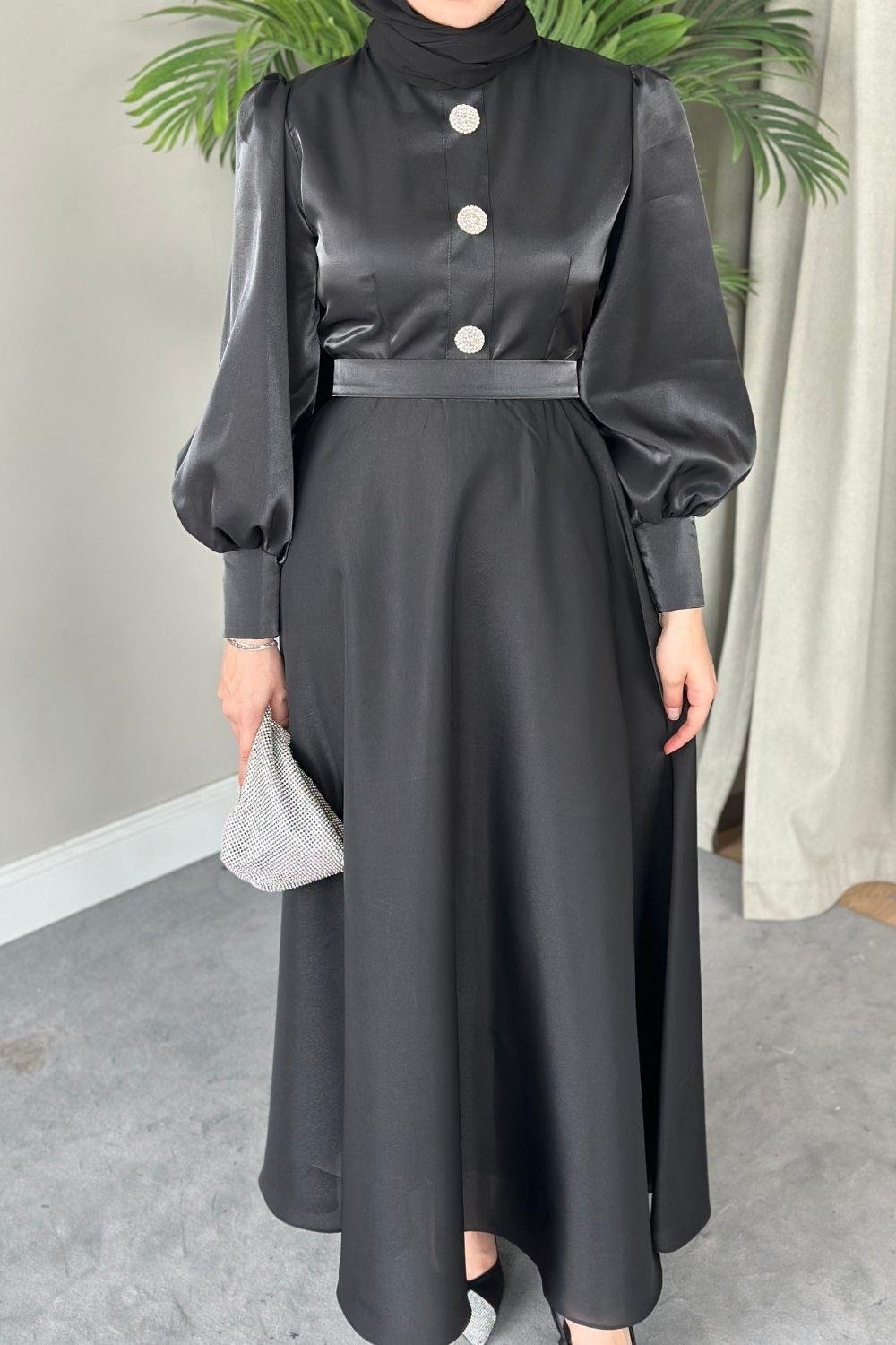 Üç Düğmeli Balon Kol Abiye Siyah 2210 