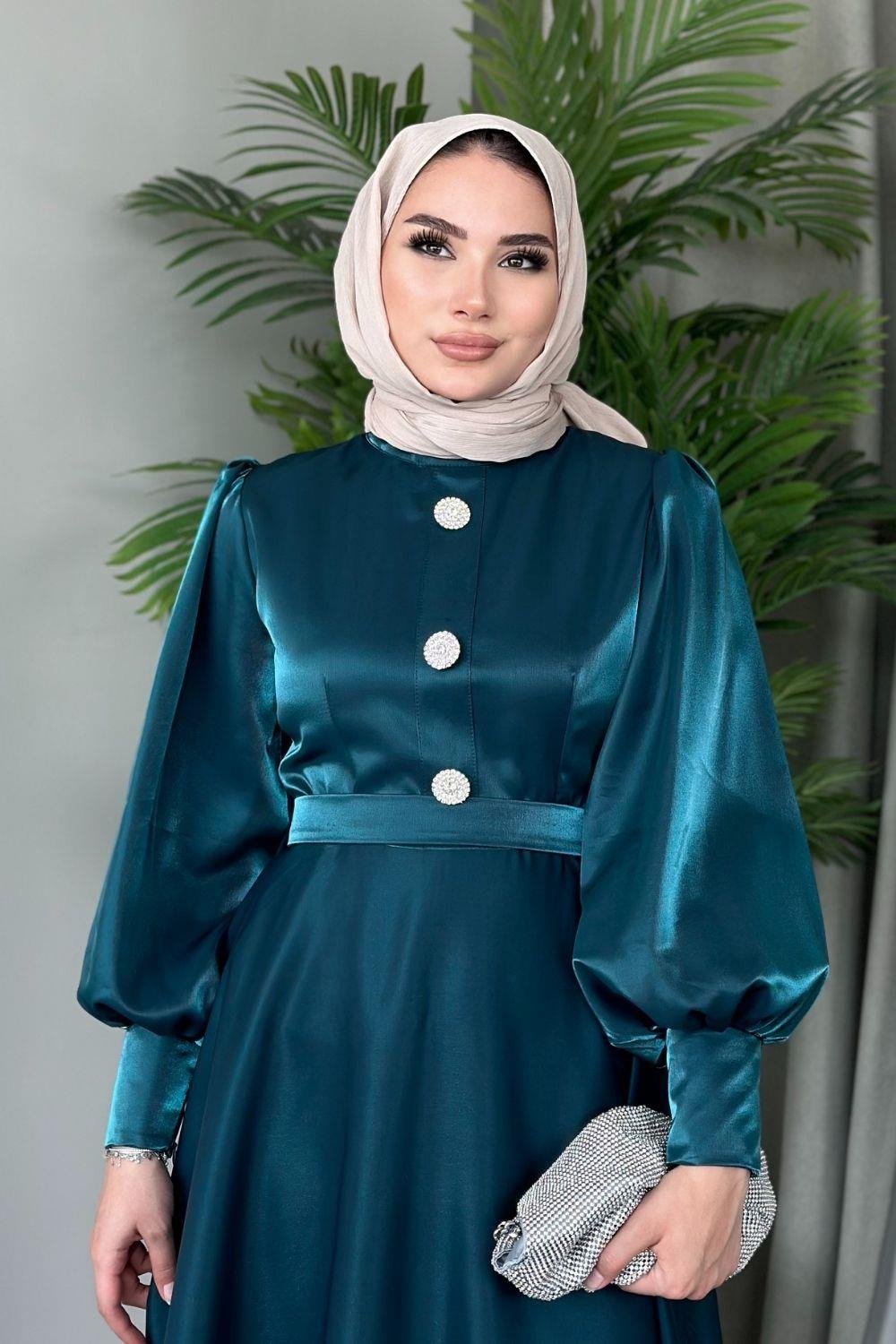 Üç Düğmeli Balon Kol Abiye Zümrüt 2210 