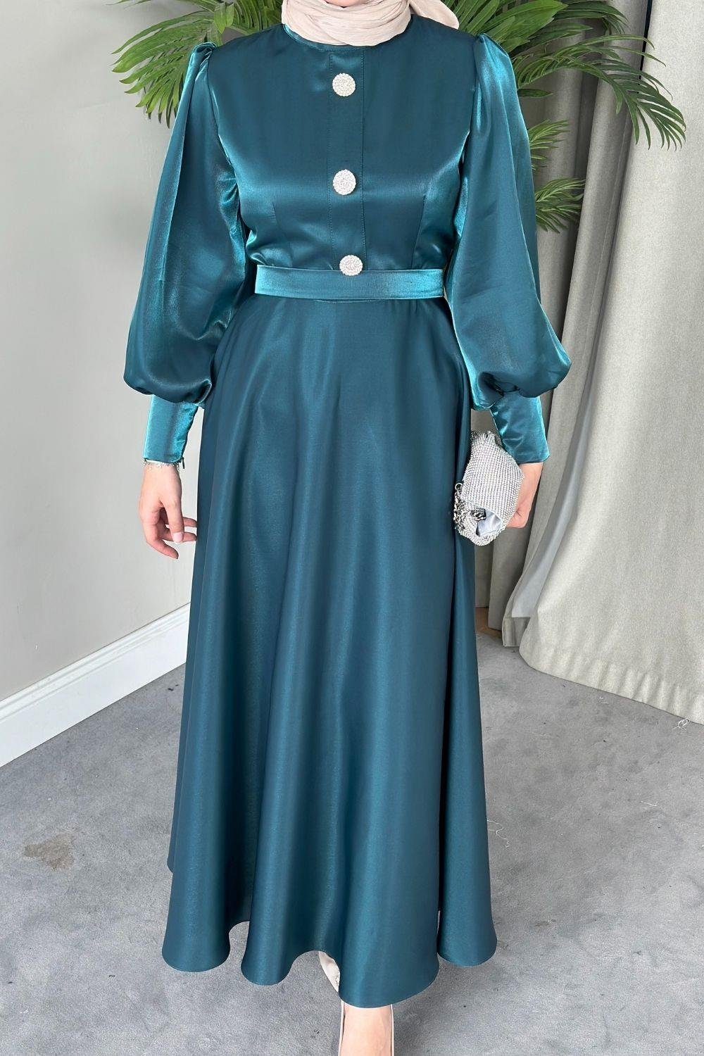 Üç Düğmeli Balon Kol Abiye Zümrüt 2210 