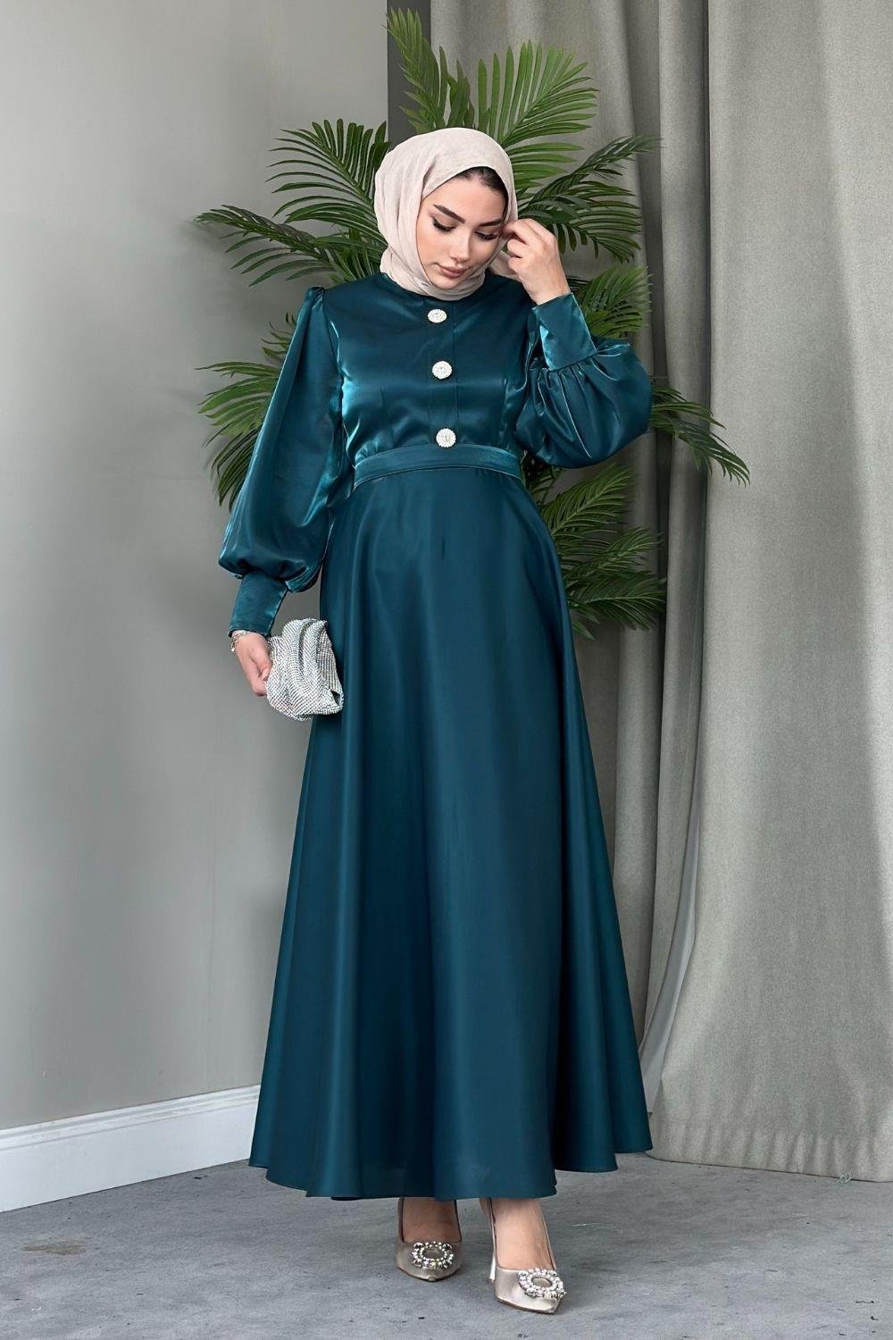 Üç Düğmeli Balon Kol Abiye Zümrüt 2210 