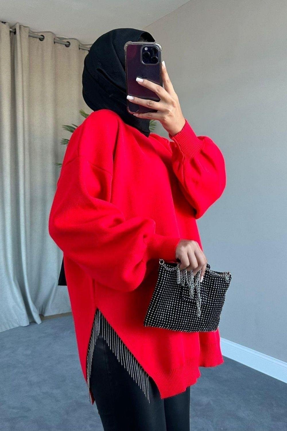 Yarı Zincirli Triko Tunik Kırmızı 22170 