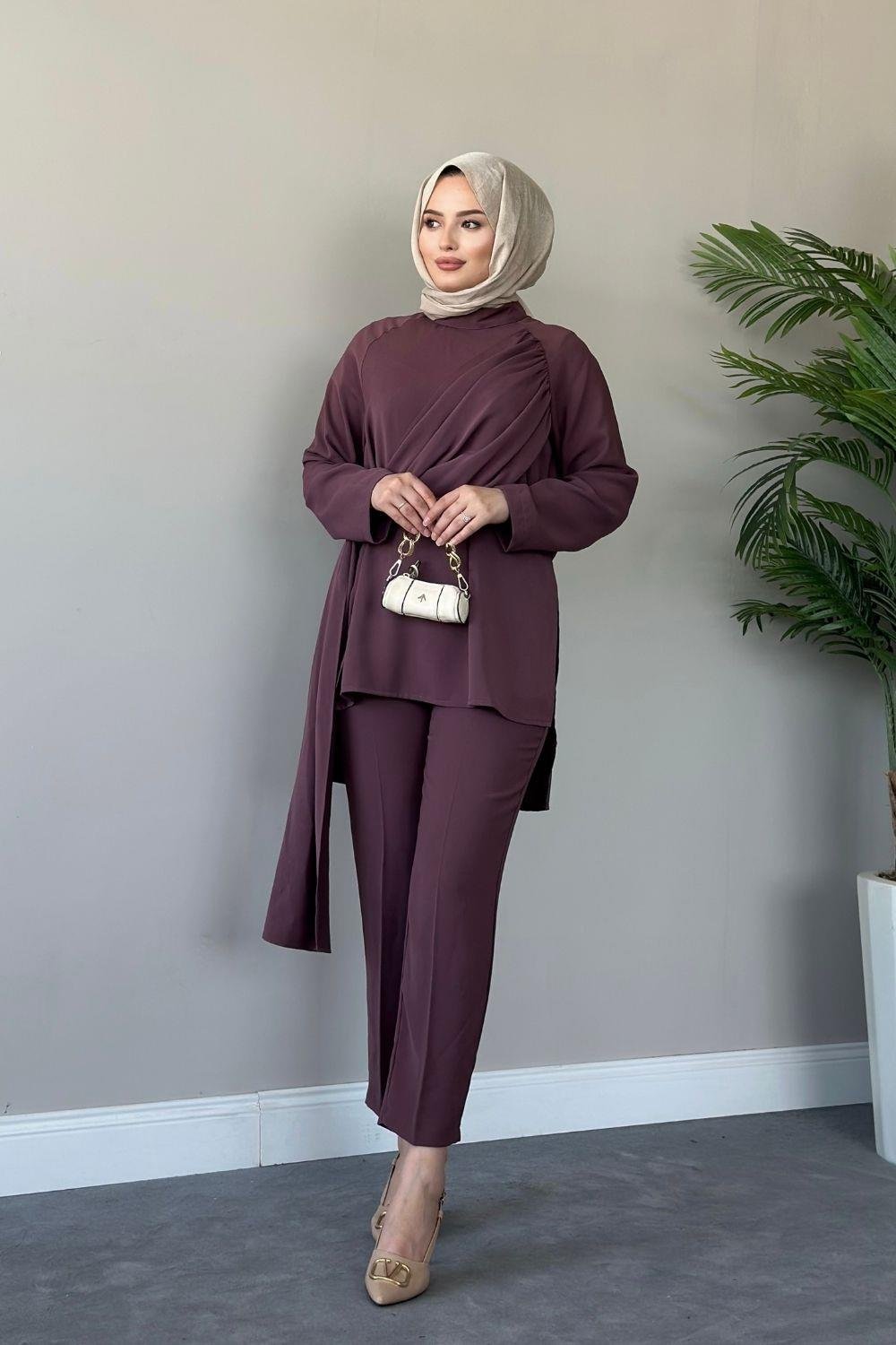 Gülden Önü Şal Detaylı Takım Mürdüm 2259 