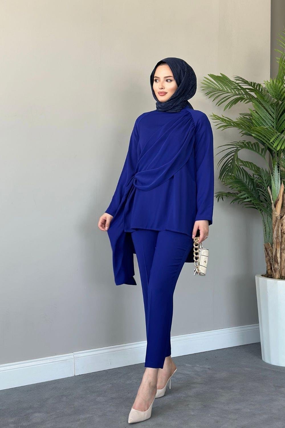 Gülden Önü Şal Detaylı Takım Saks 2259 