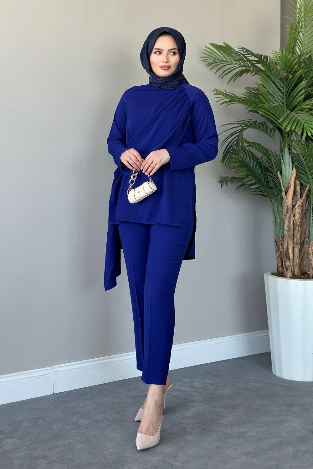 Gülden Önü Şal Detaylı Takım Saks 2259 