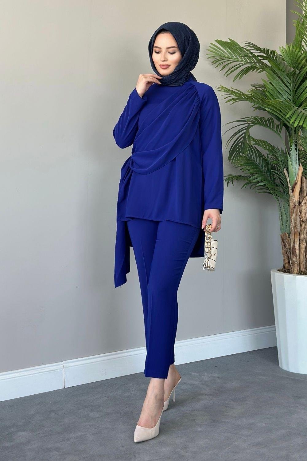 Gülden Önü Şal Detaylı Takım Saks 2259 