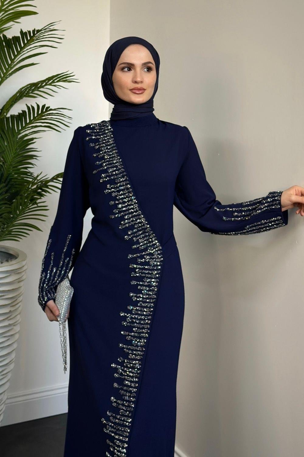 Yandan Simetrik Taşlı Abiye Lacivert 2273 