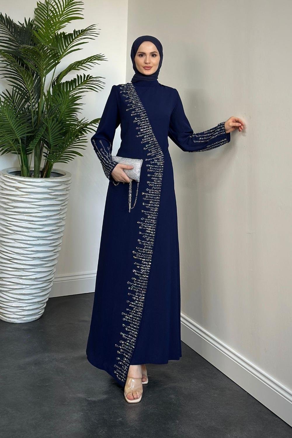 Yandan Simetrik Taşlı Abiye Lacivert 2273 