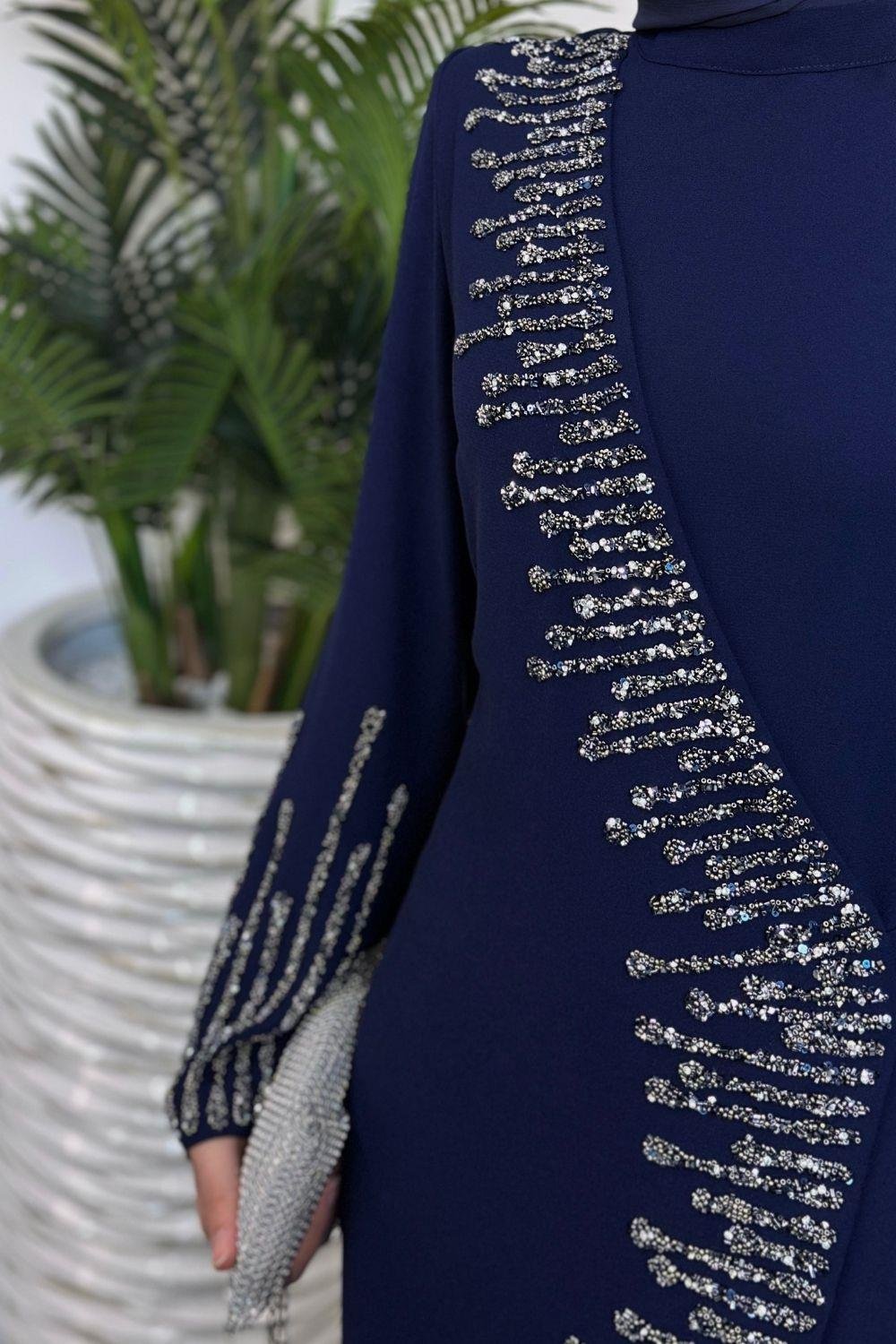 Yandan Simetrik Taşlı Abiye Lacivert 2273 