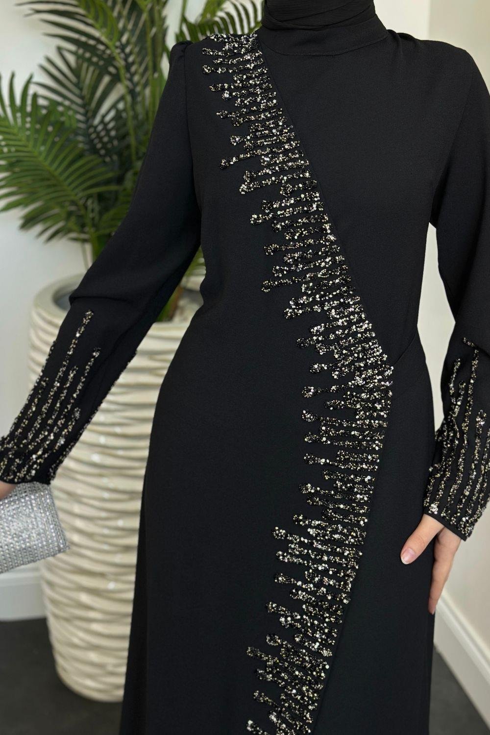 Yandan Simetrik Taşlı Abiye Siyah 2273 