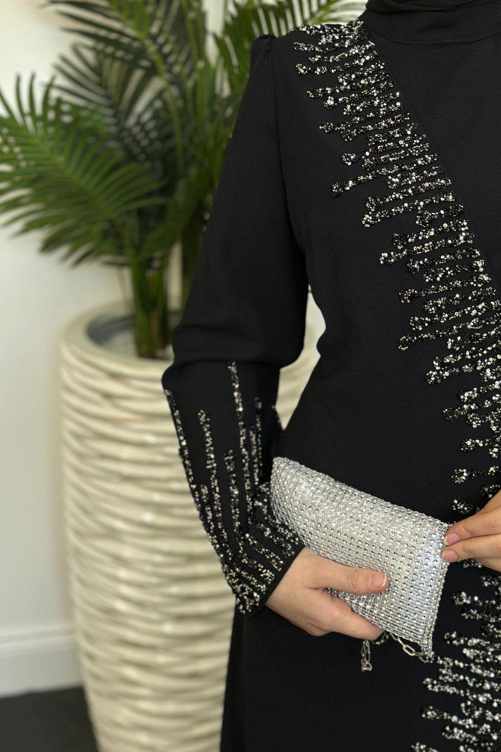 Yandan Simetrik Taşlı Abiye Siyah 2273 