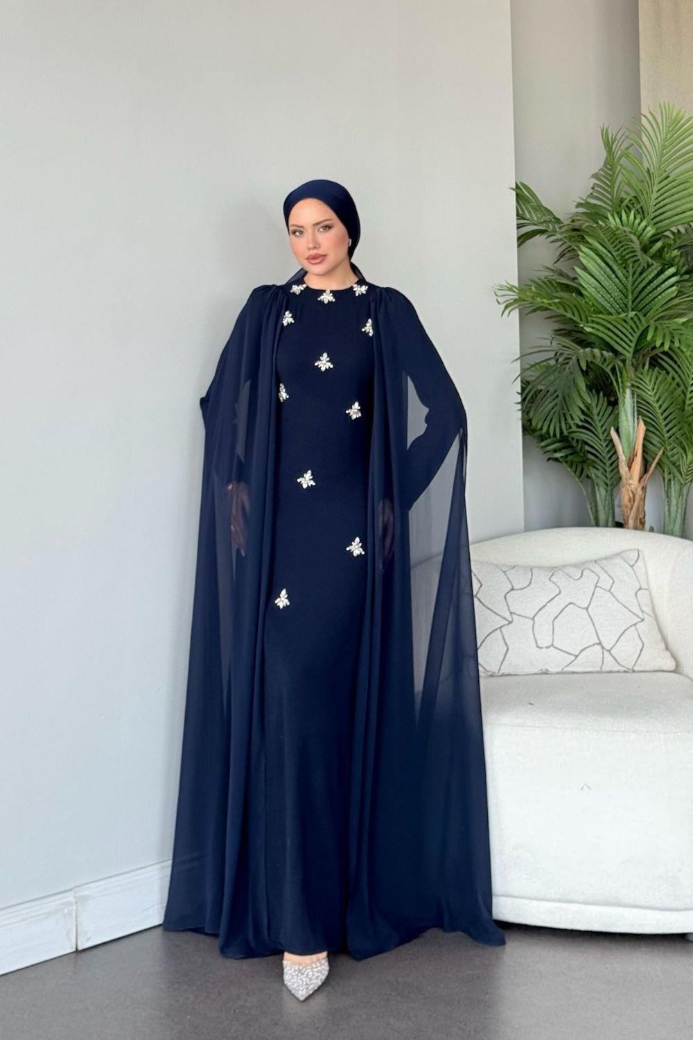 Cide Taş İşlemeli Abiye Lacivert 2275 
