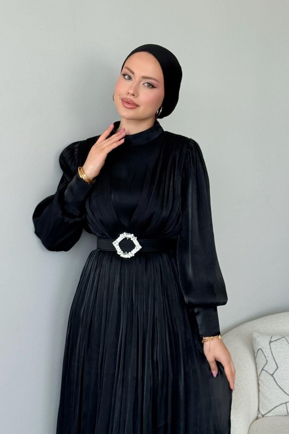 Seval Beli Kemerli Abiye Siyah 22870 