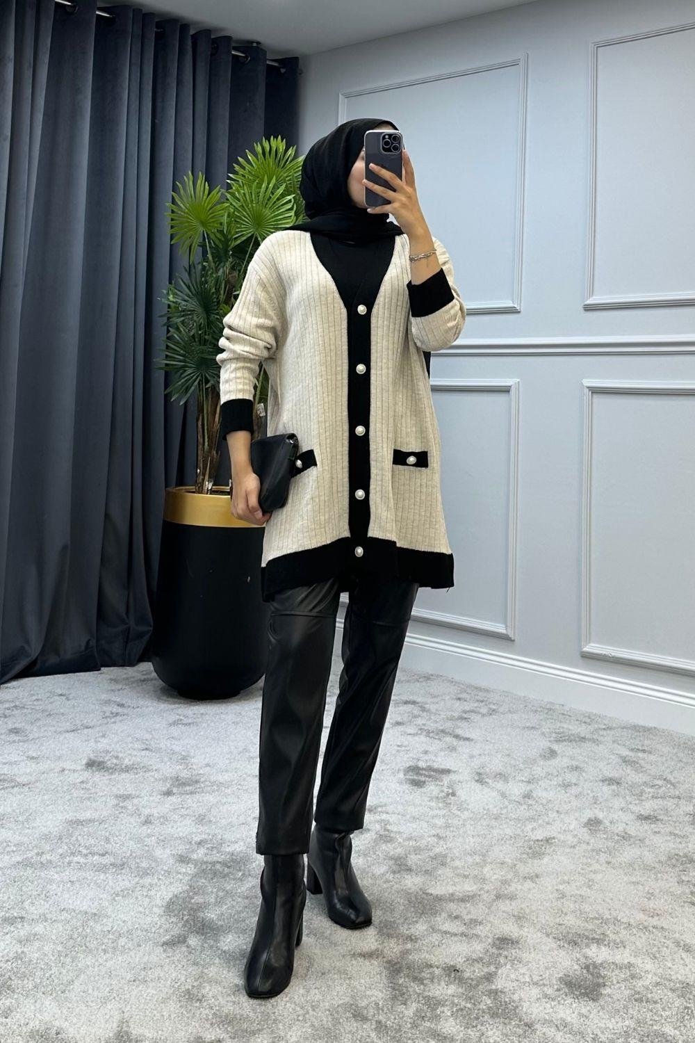 Düğmeli Triko Hırka Ekru 2291 