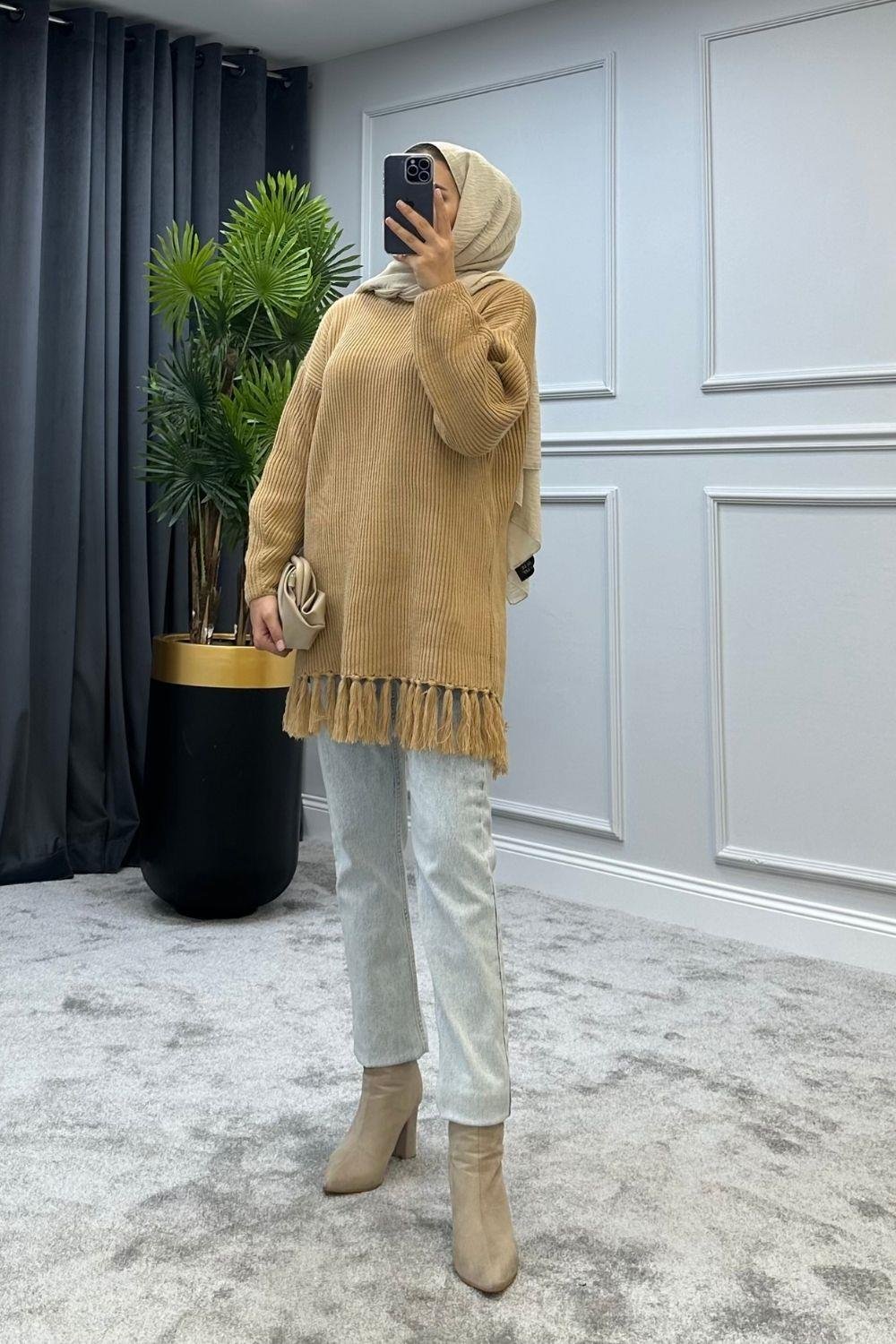 Altı Püsküllü Triko Kazak Camel 2293 