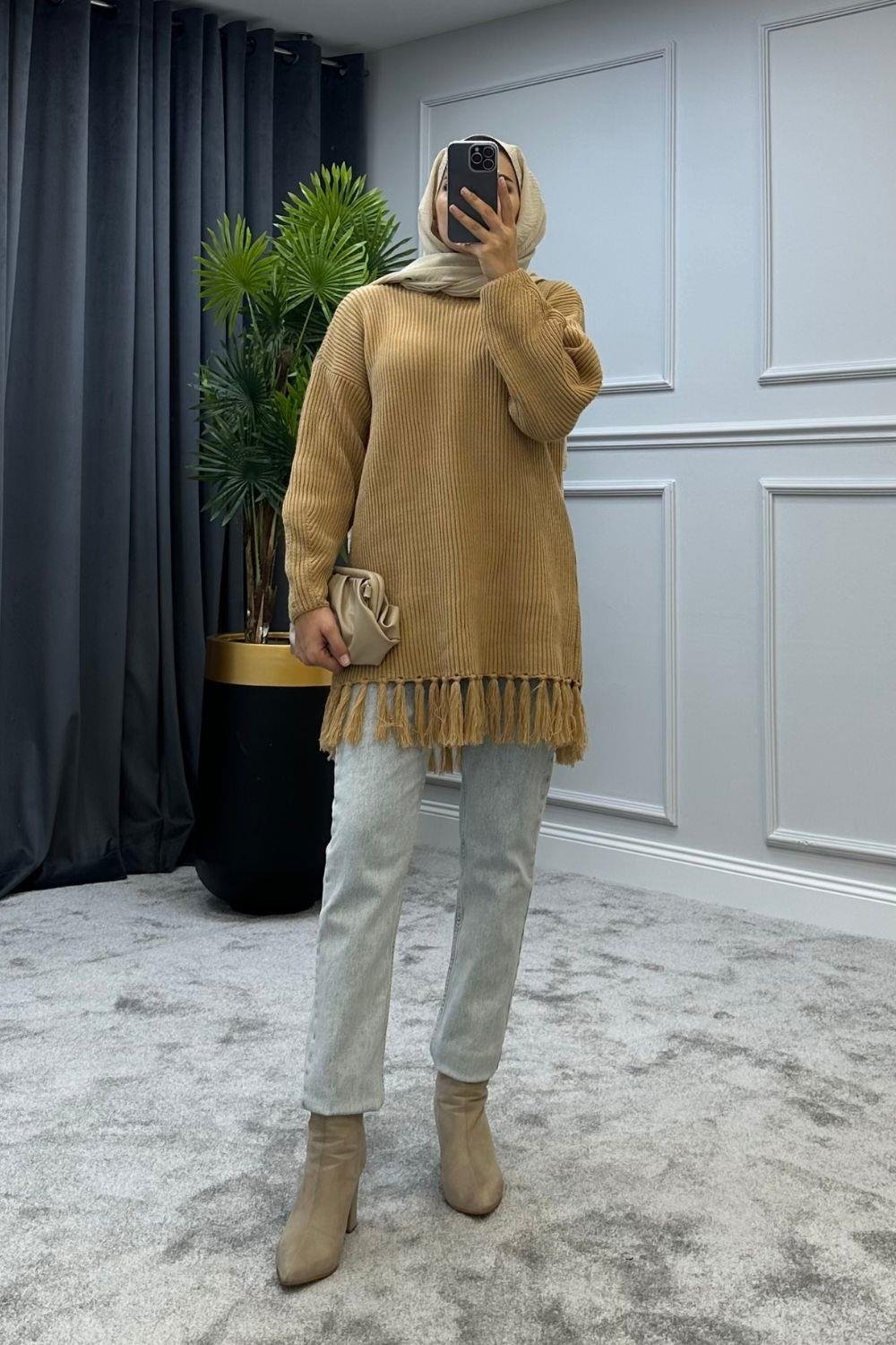 Altı Püsküllü Triko Kazak Camel 2293 