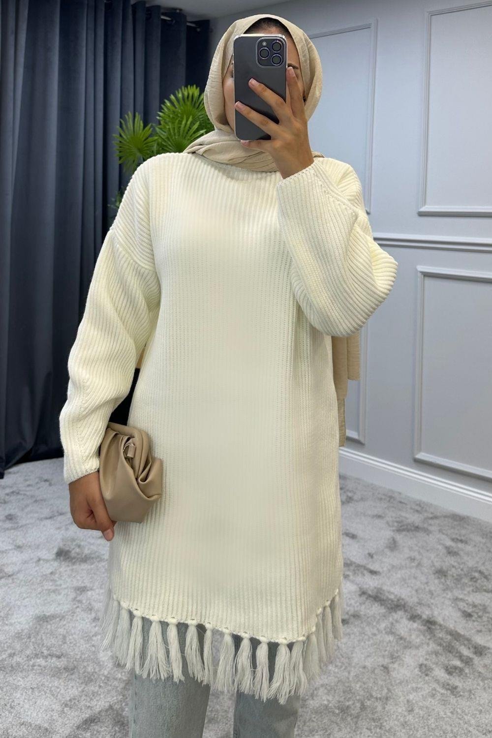 Altı Püsküllü Triko Kazak Ekru 2293 