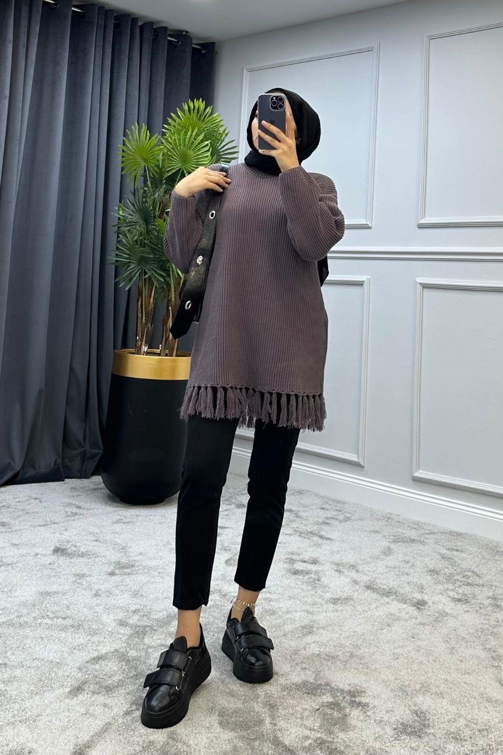 Altı Püsküllü Triko Kazak Mürdüm 2293 