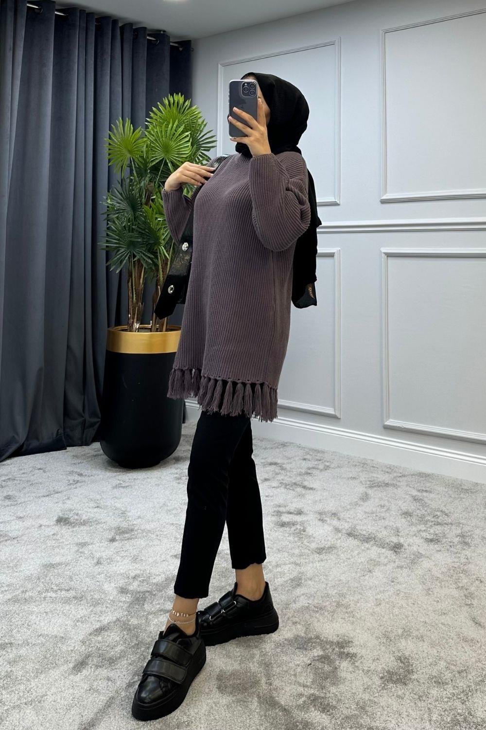 Altı Püsküllü Triko Kazak Mürdüm 2293 