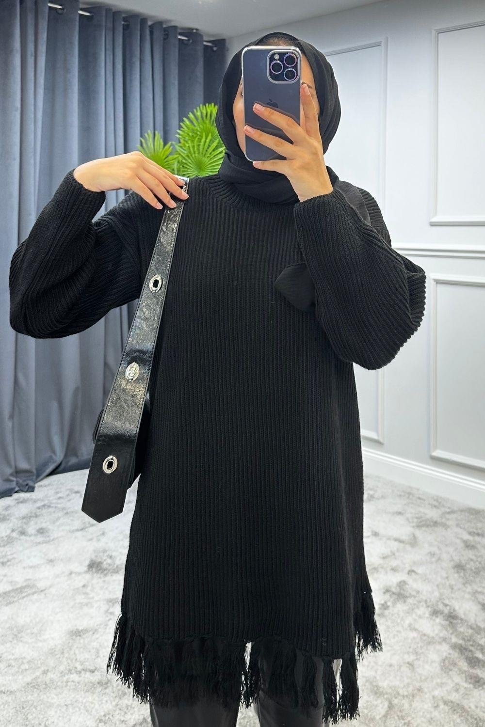 Altı Püsküllü Triko Kazak Siyah 2293 