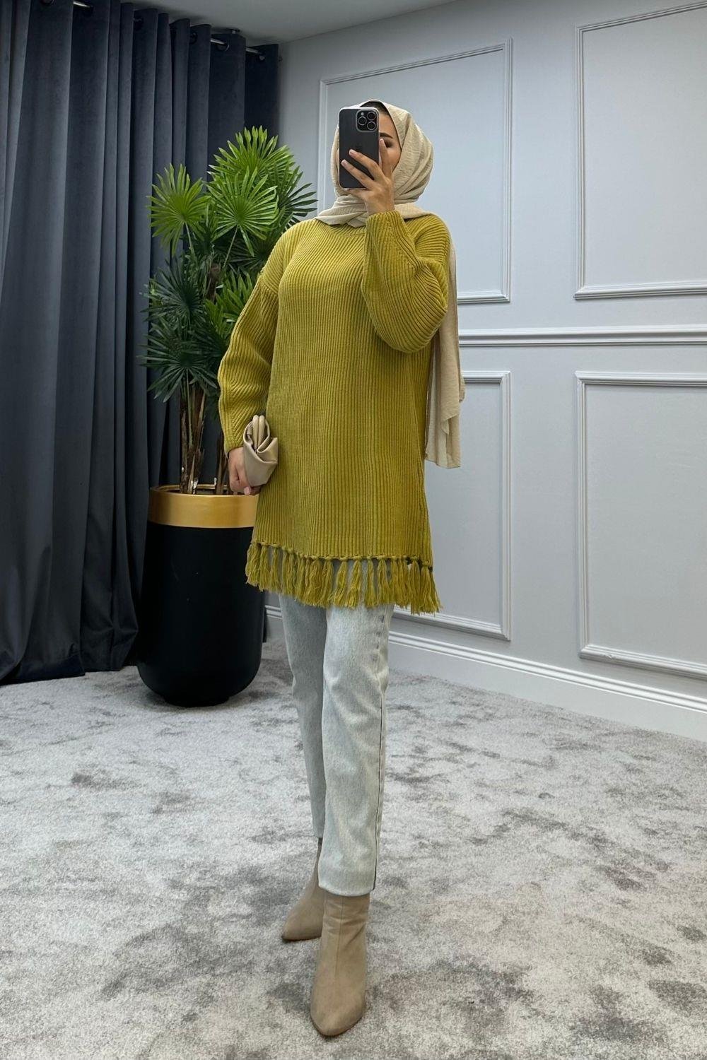 Altı Püsküllü Triko Kazak Yağ Yeşili 2293 