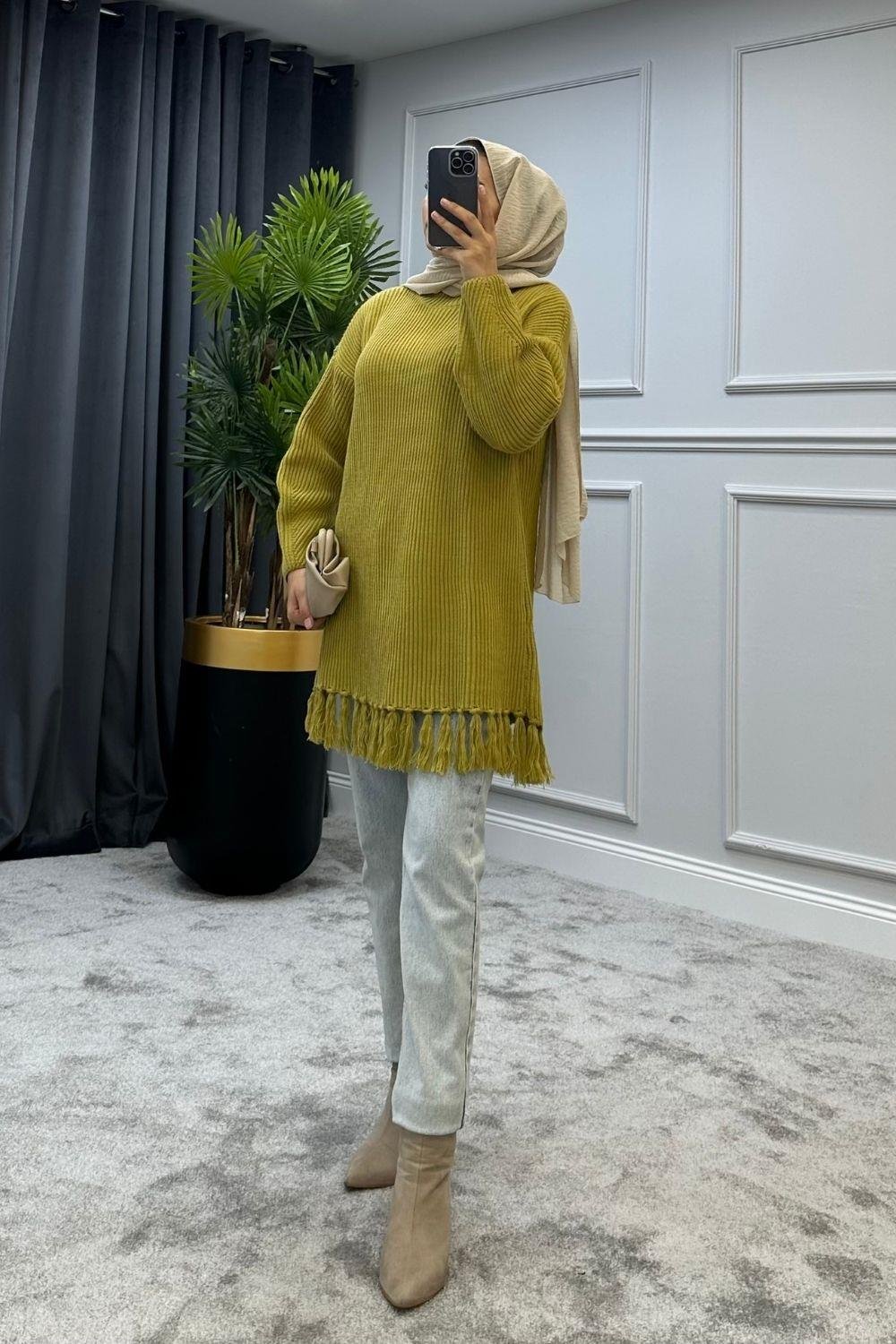 Altı Püsküllü Triko Kazak Yağ Yeşili 2293 