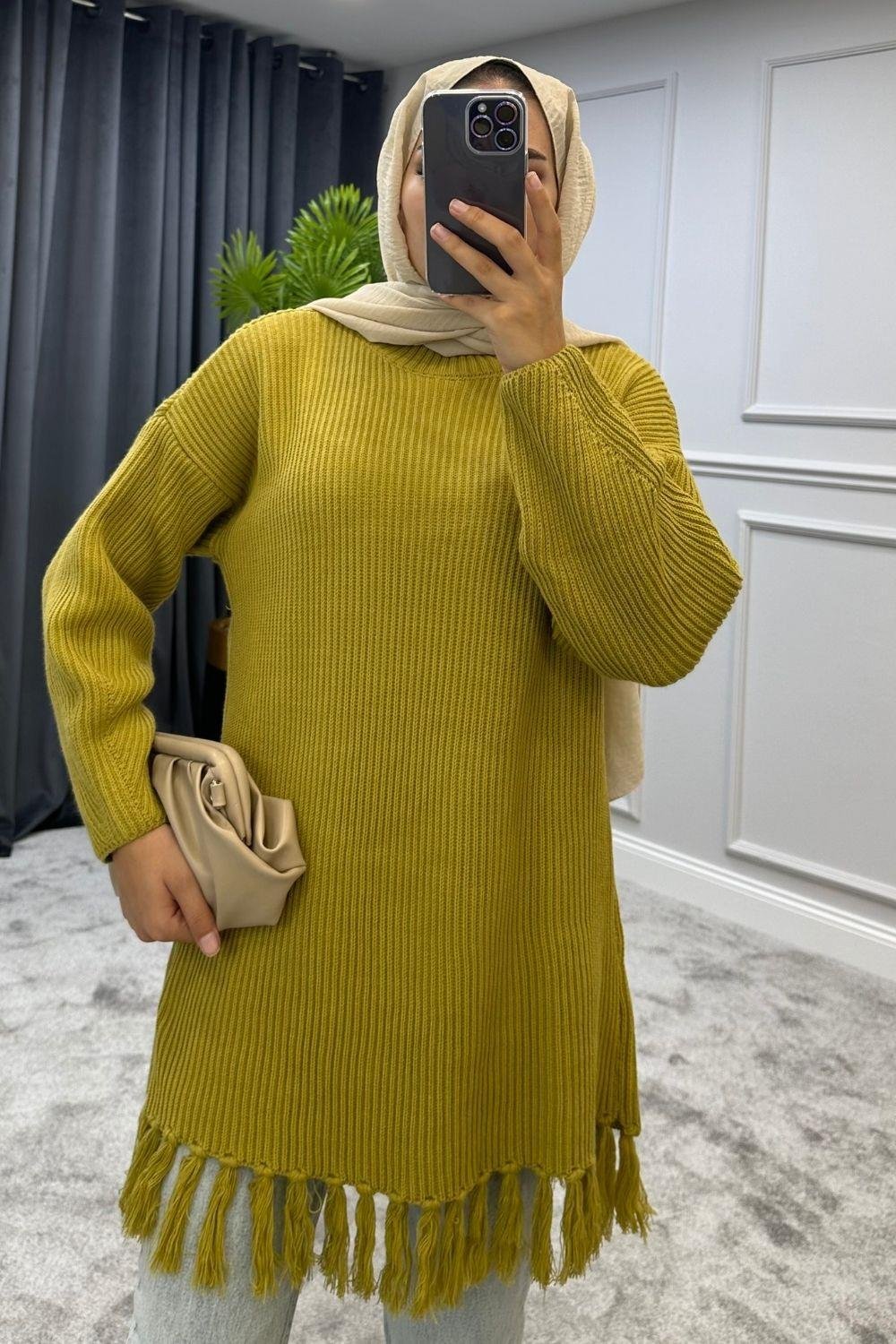 Altı Püsküllü Triko Kazak Yağ Yeşili 2293 