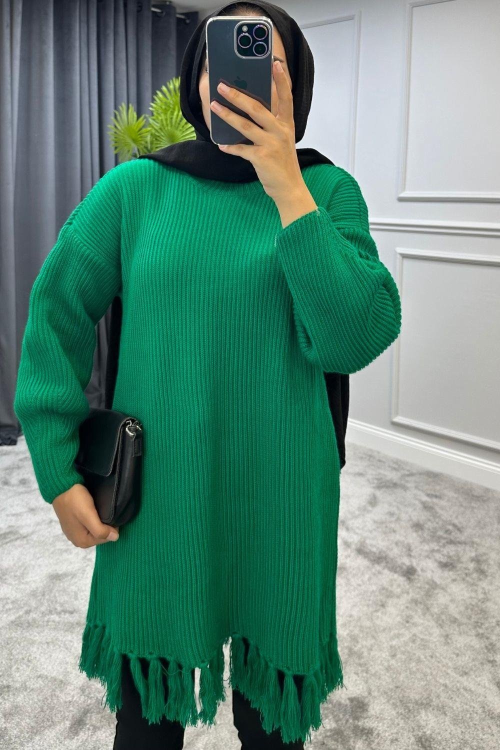 Altı Püsküllü Triko Kazak Yeşil 2293 