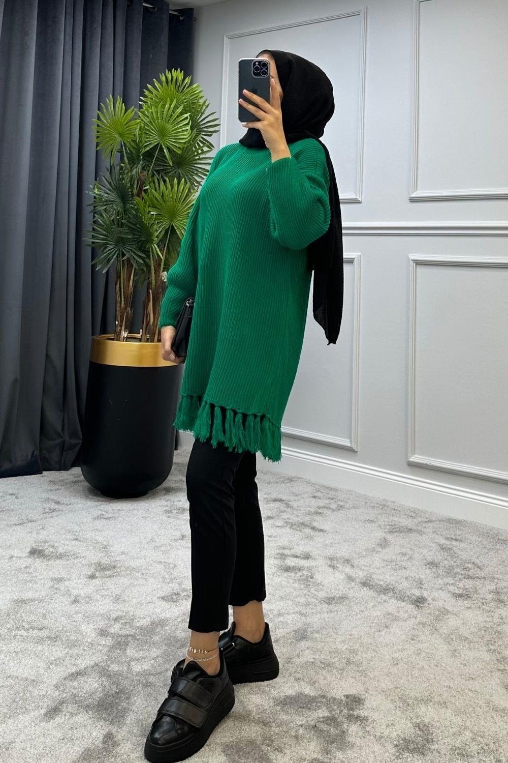 Altı Püsküllü Triko Kazak Yeşil 2293 