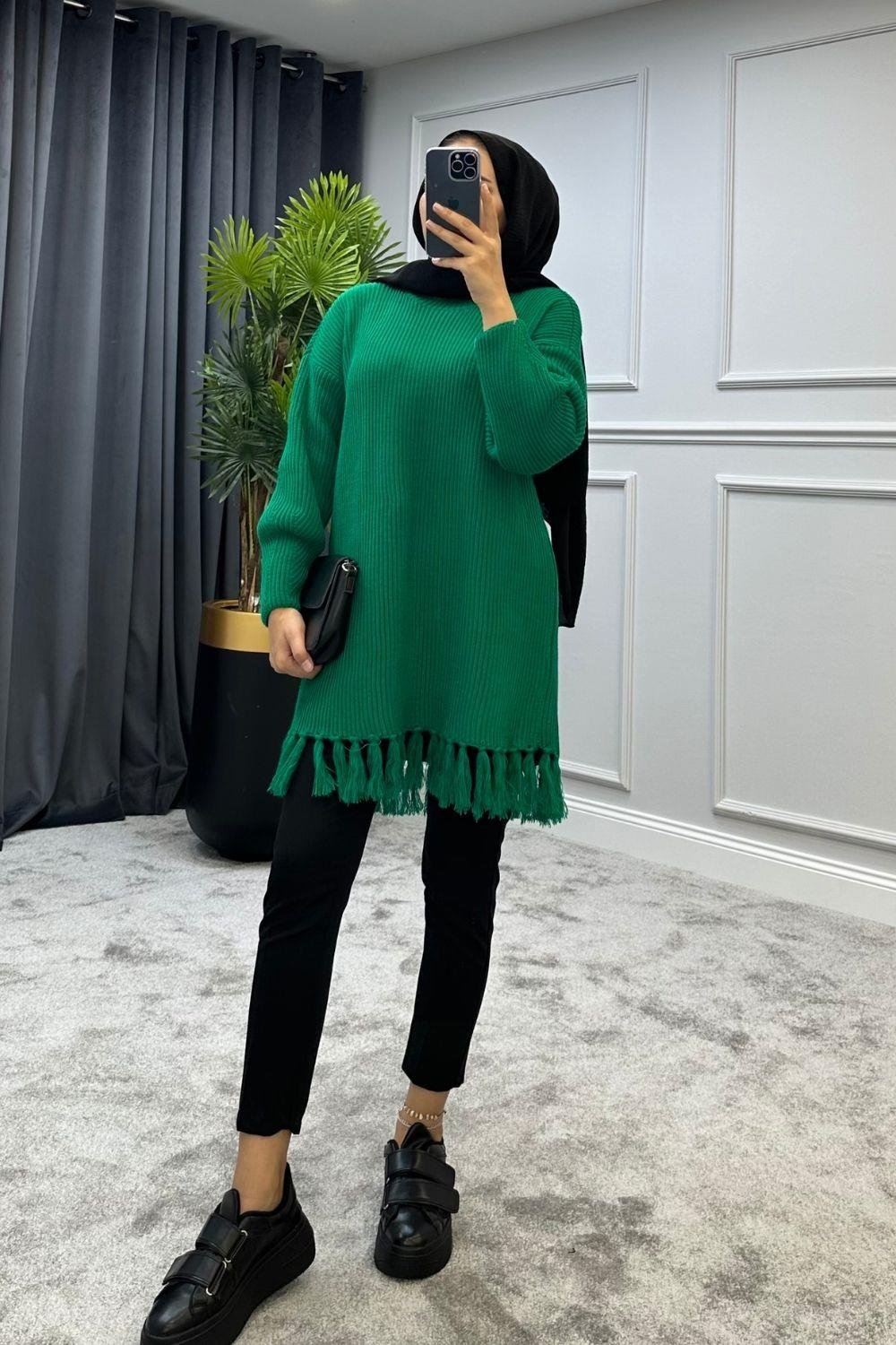 Altı Püsküllü Triko Kazak Yeşil 2293 