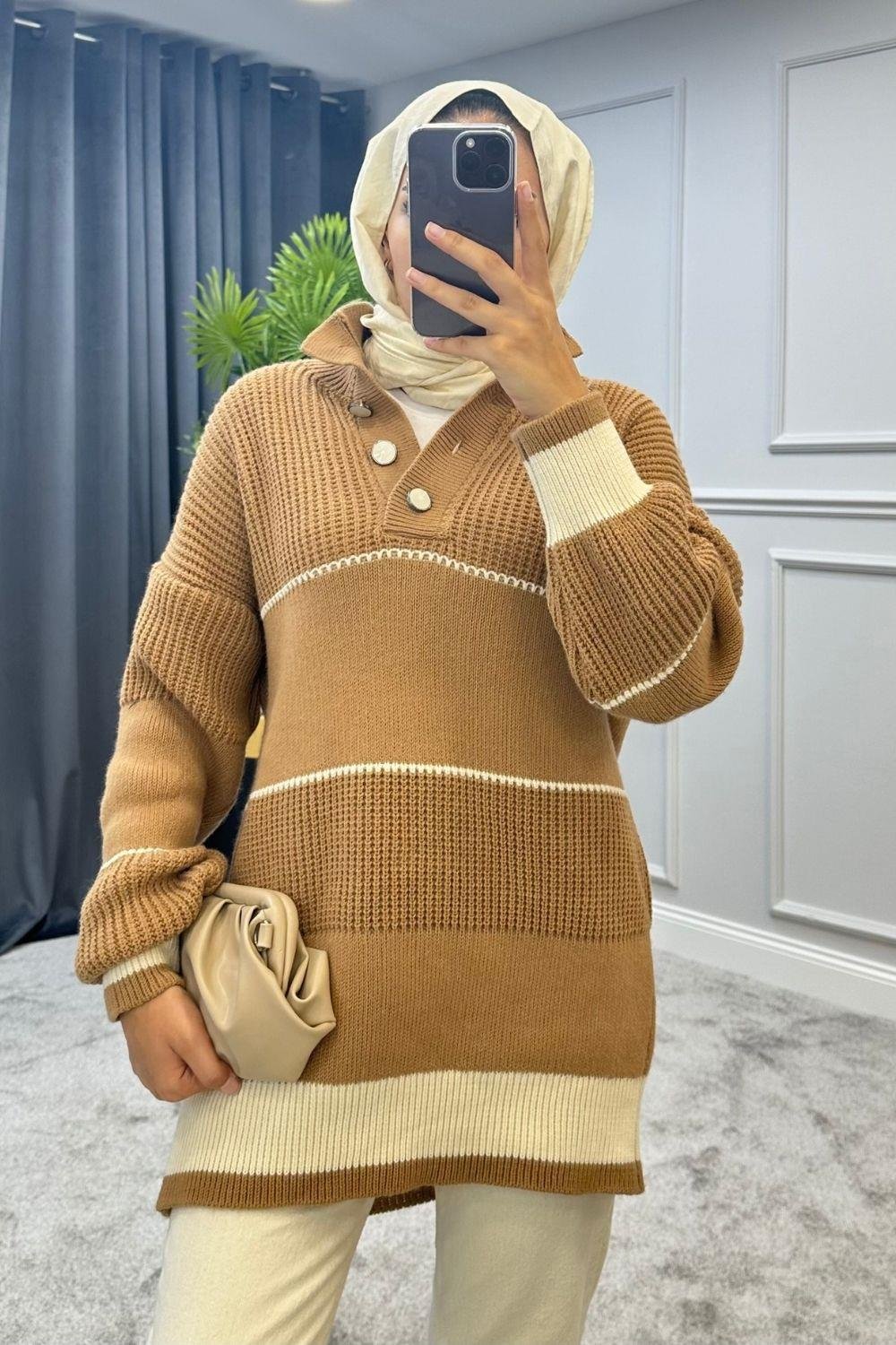 Düğmeli Triko Kazak Camel 2296 