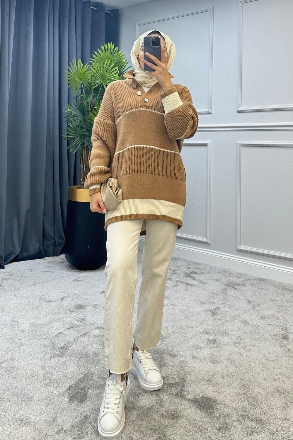 Düğmeli Triko Kazak Camel 2296 