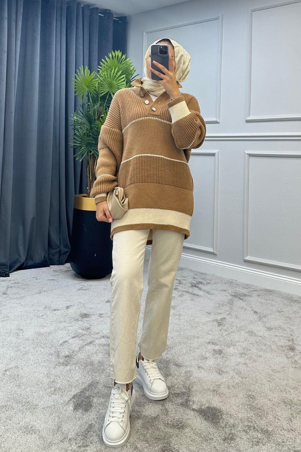 Düğmeli Triko Kazak Camel 2296 