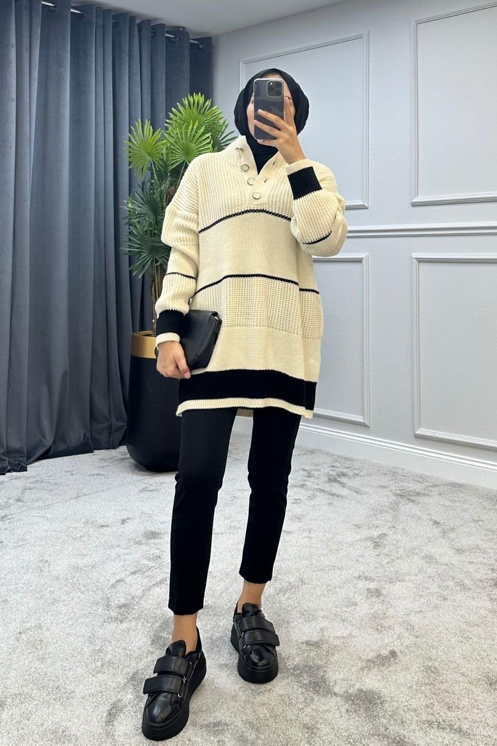 Düğmeli Triko Kazak Ekru 2296 