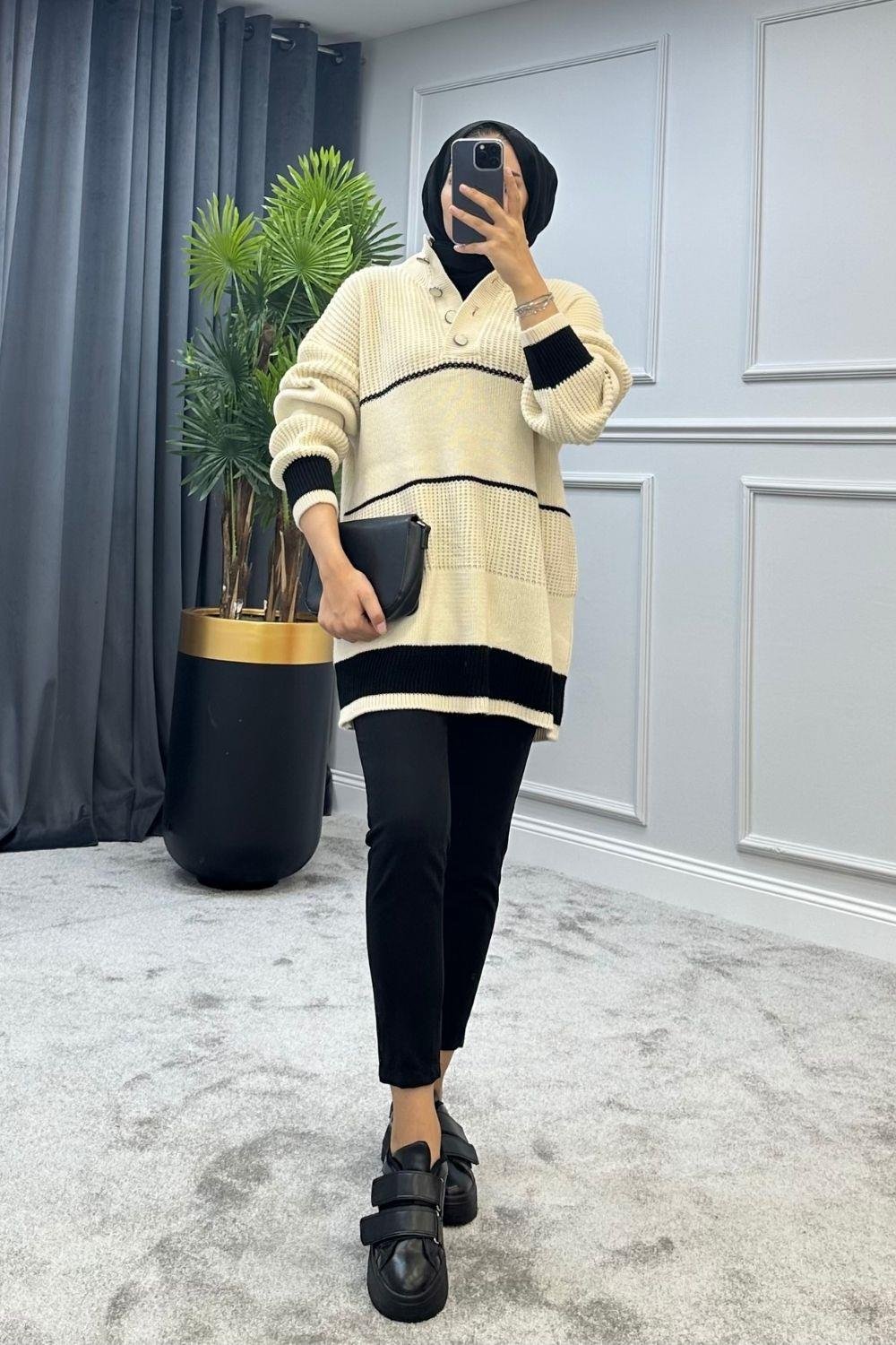 Düğmeli Triko Kazak Ekru 2296 