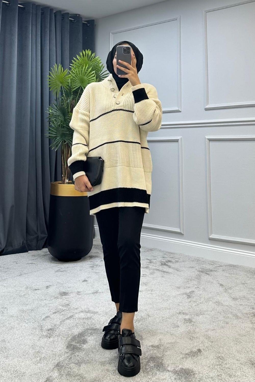 Düğmeli Triko Kazak Ekru 2296 