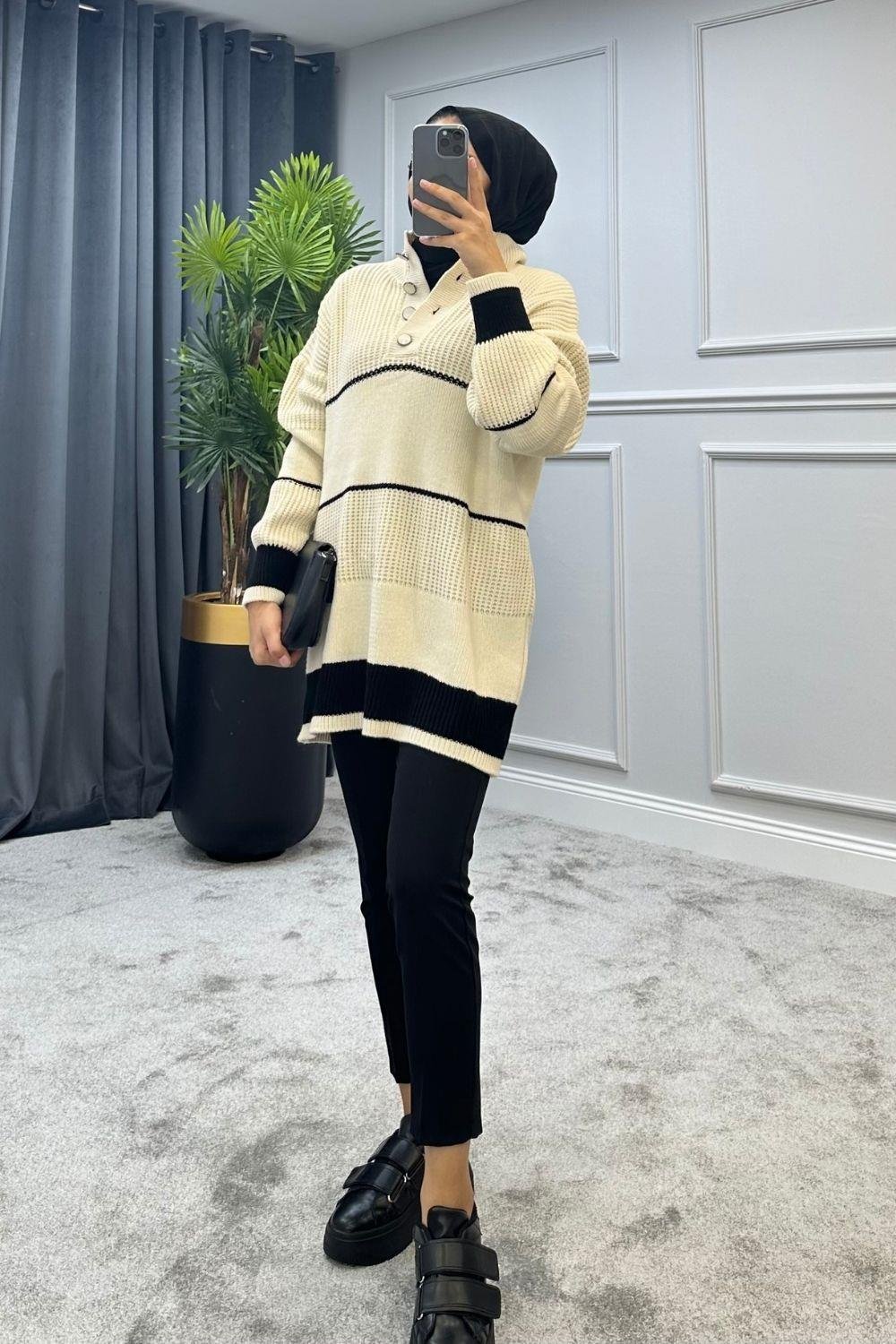 Düğmeli Triko Kazak Ekru 2296 