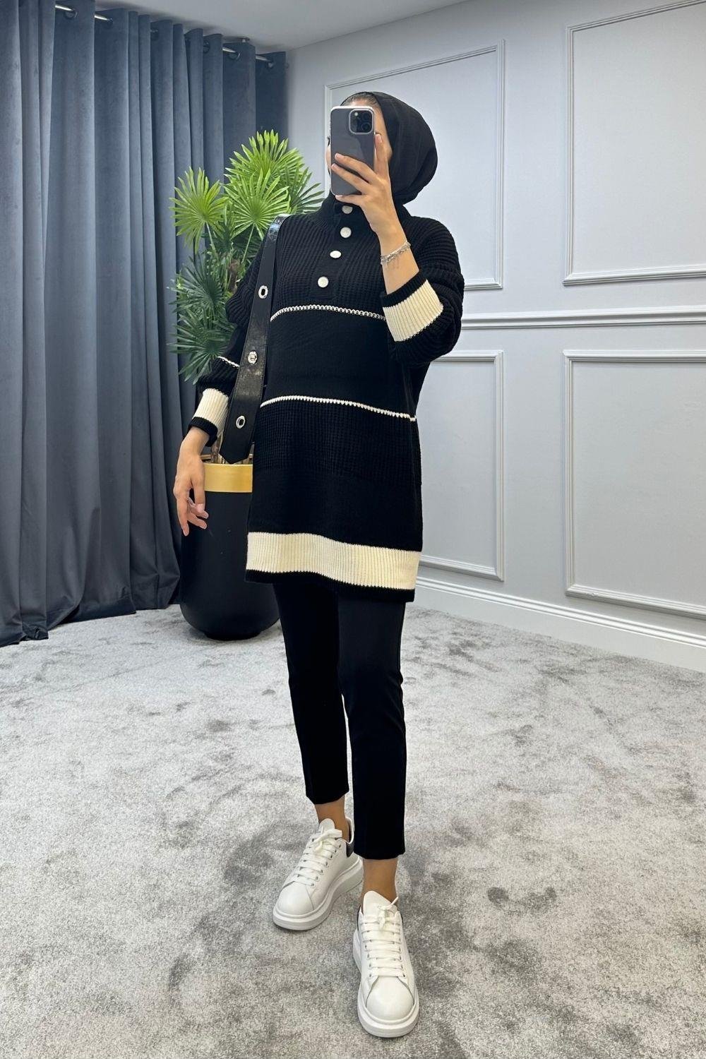 Düğmeli Triko Kazak Siyah 2296 