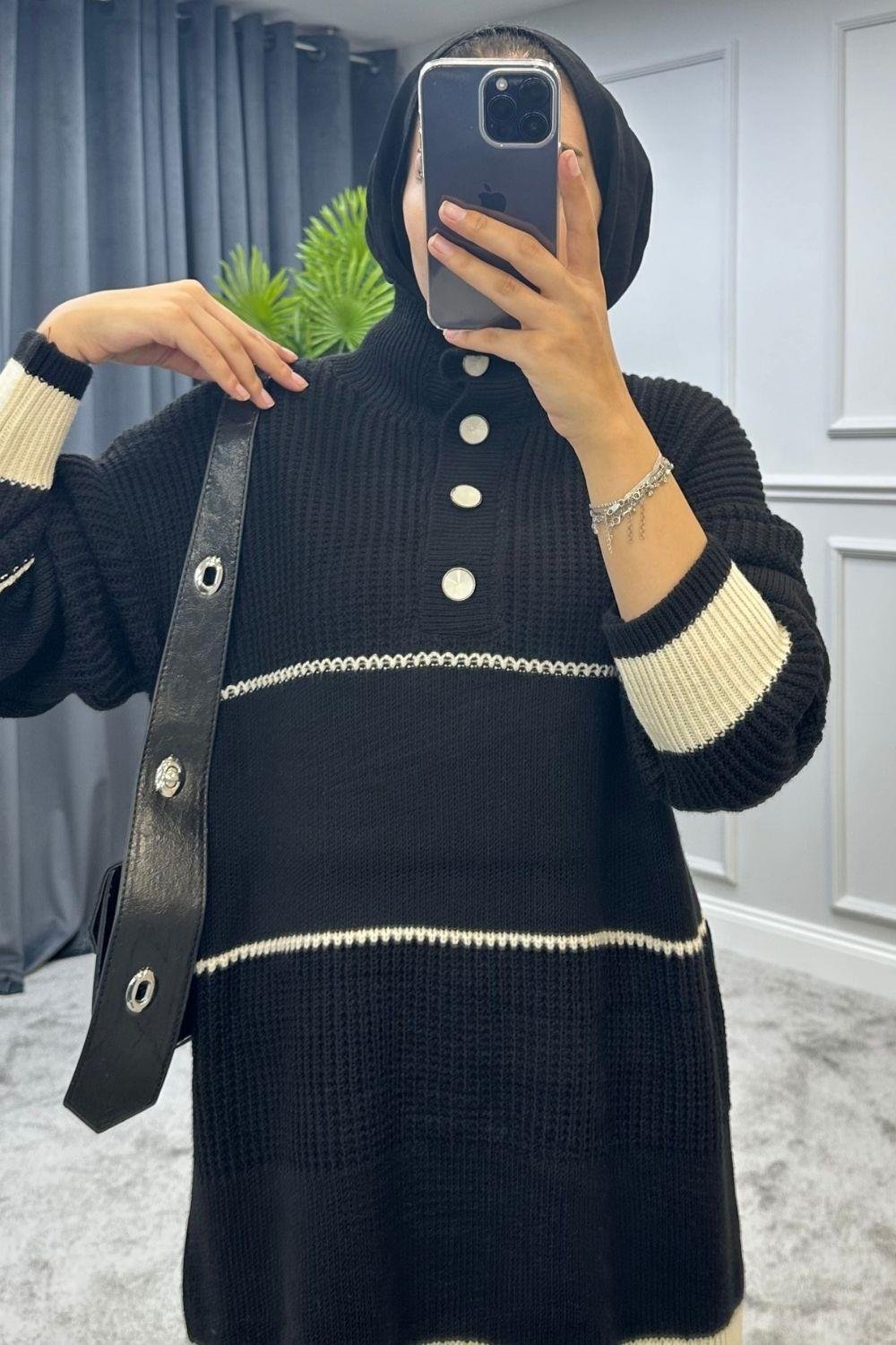 Düğmeli Triko Kazak Siyah 2296 