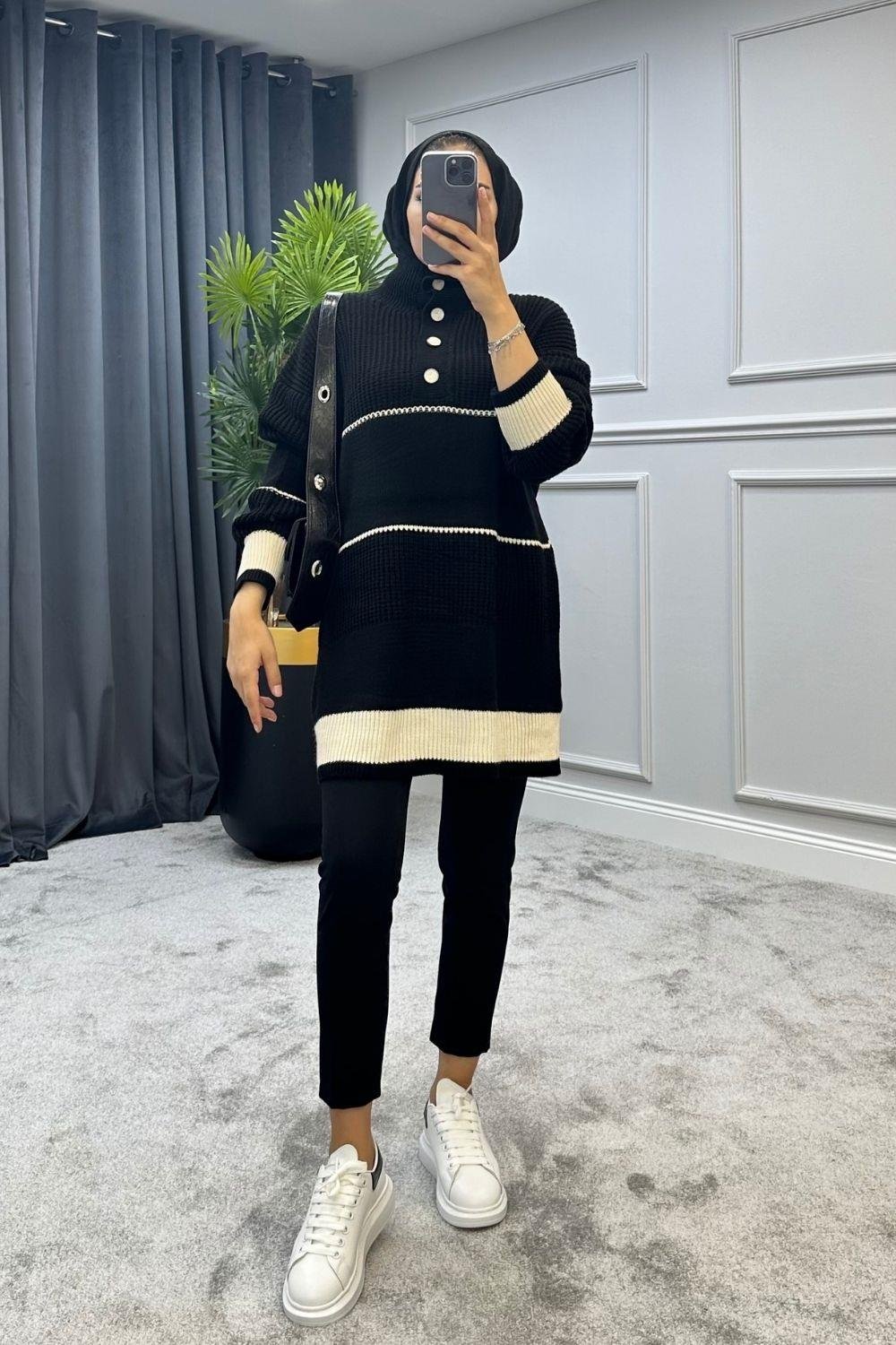 Düğmeli Triko Kazak Siyah 2296 