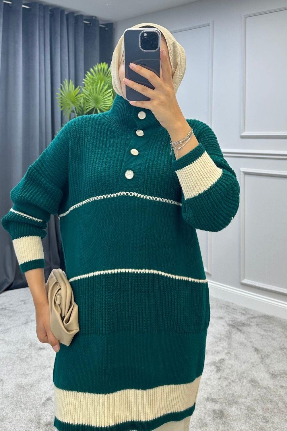 Düğmeli Triko Kazak Zümrüt 2296 