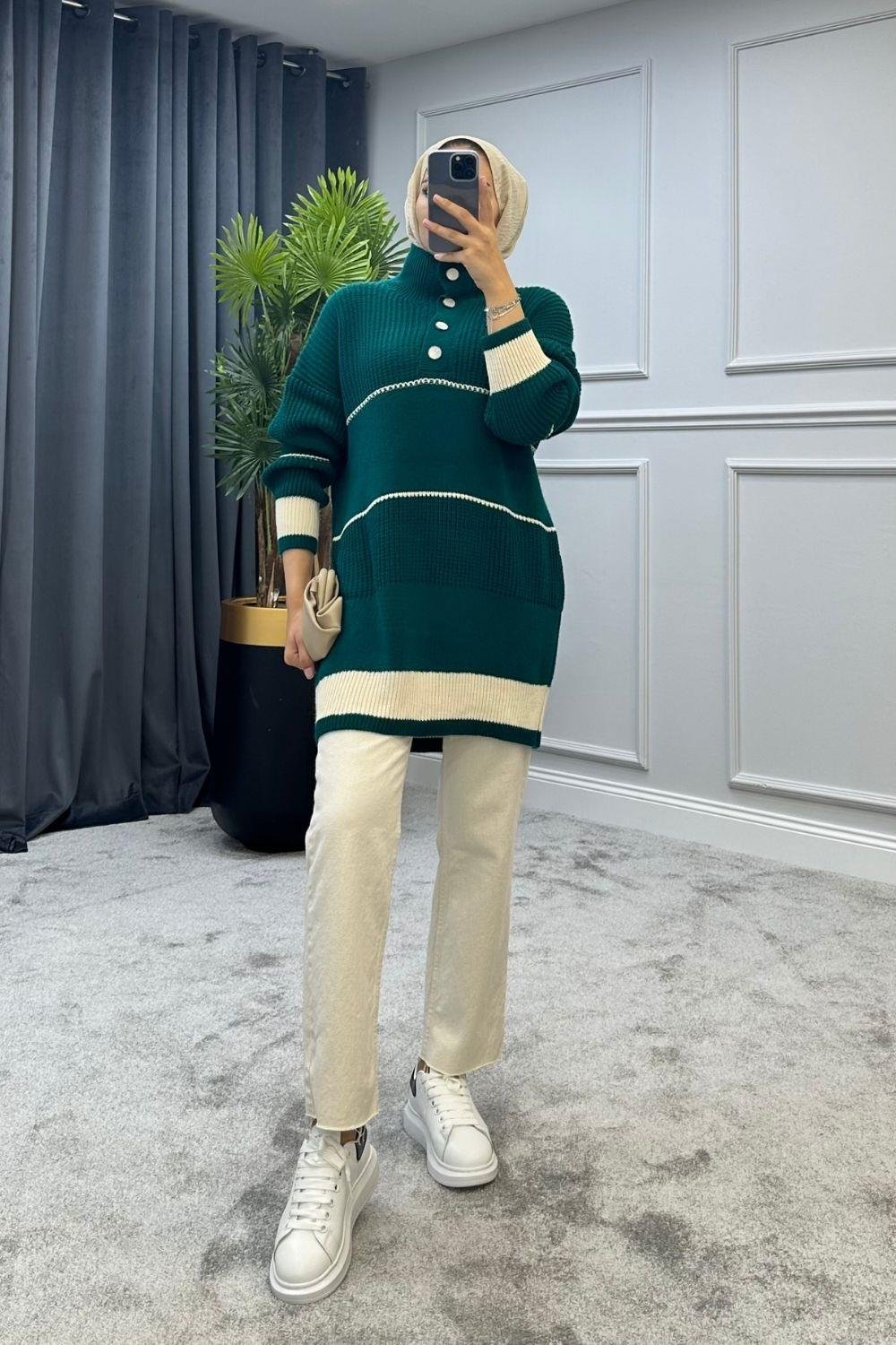 Düğmeli Triko Kazak Zümrüt 2296 