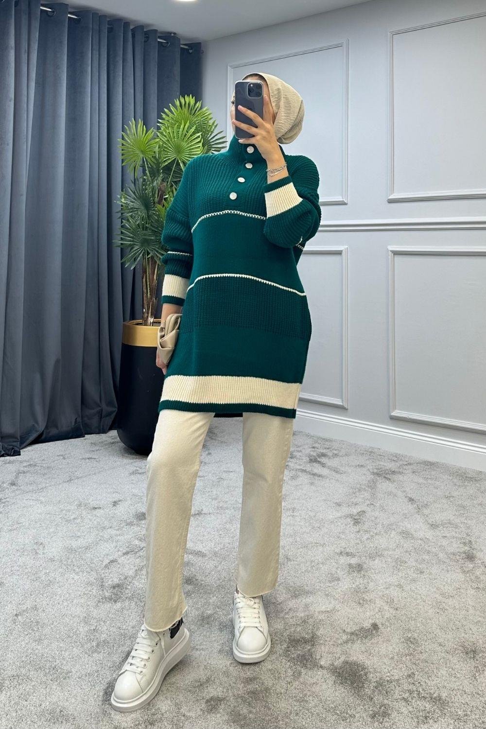 Düğmeli Triko Kazak Zümrüt 2296 