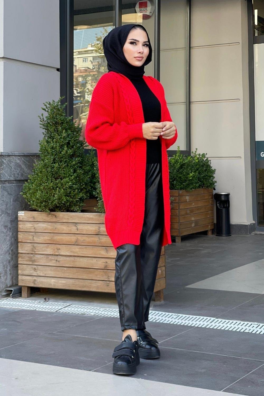 Saç Örgülü Uzun Hırka Kırmızı 230400 