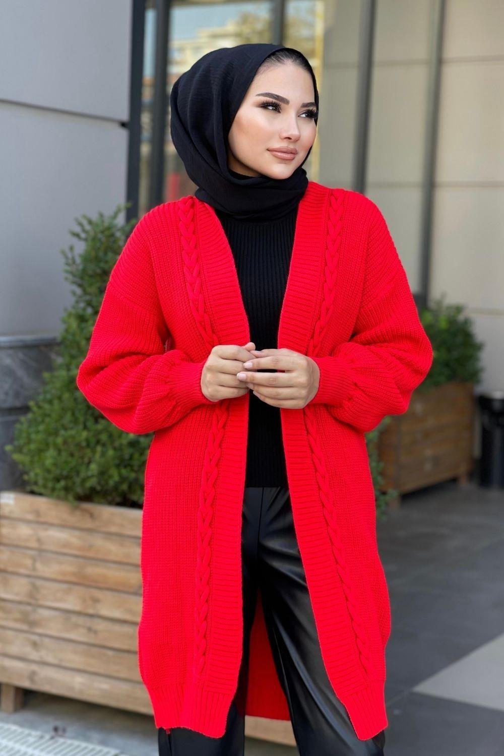 Saç Örgülü Uzun Hırka Kırmızı 230400 