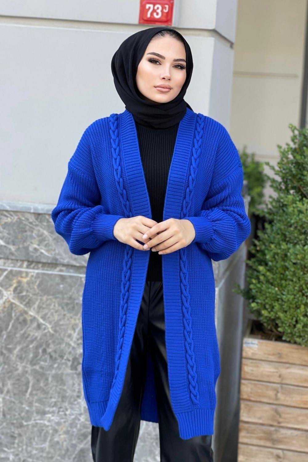 Saç Örgülü Uzun Hırka Saks 230400 