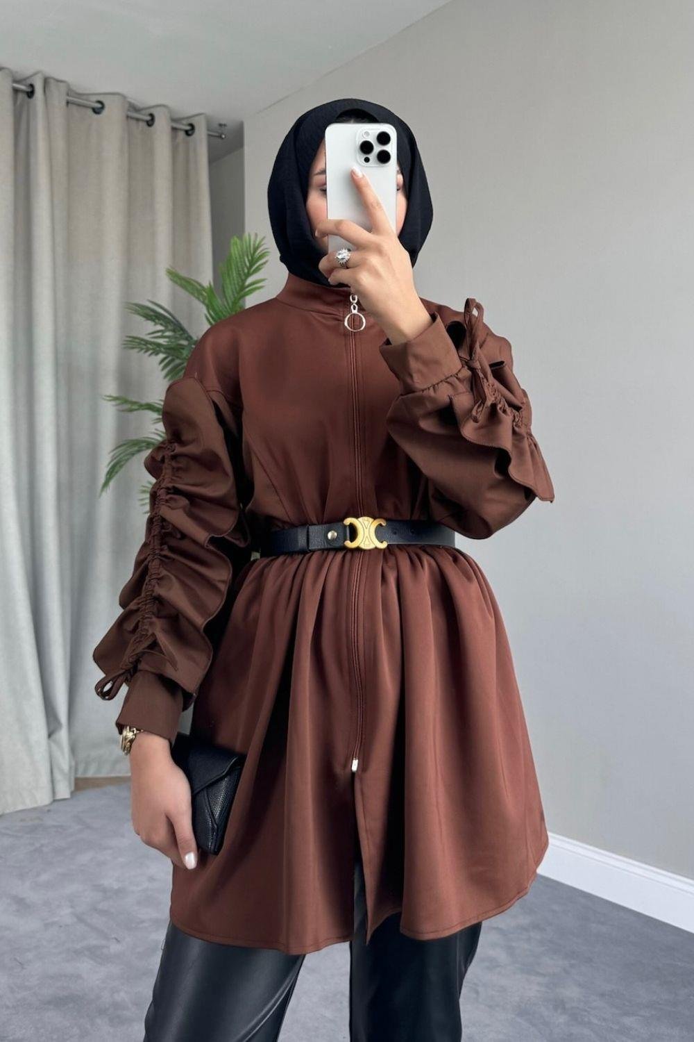 Kolları Fırfırlı Scuba Kap Kahverengi 2306 