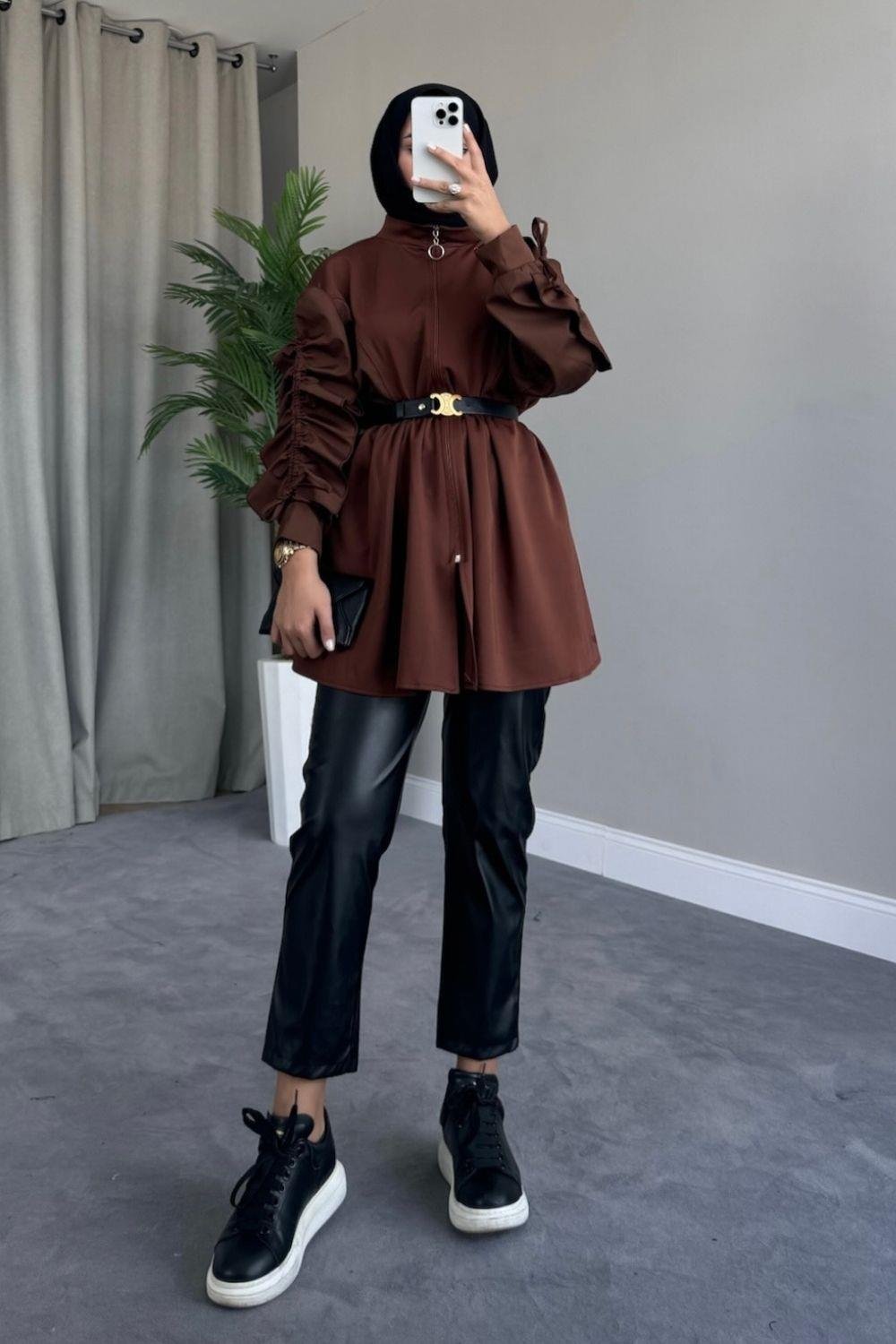 Kolları Fırfırlı Scuba Kap Kahverengi 2306 