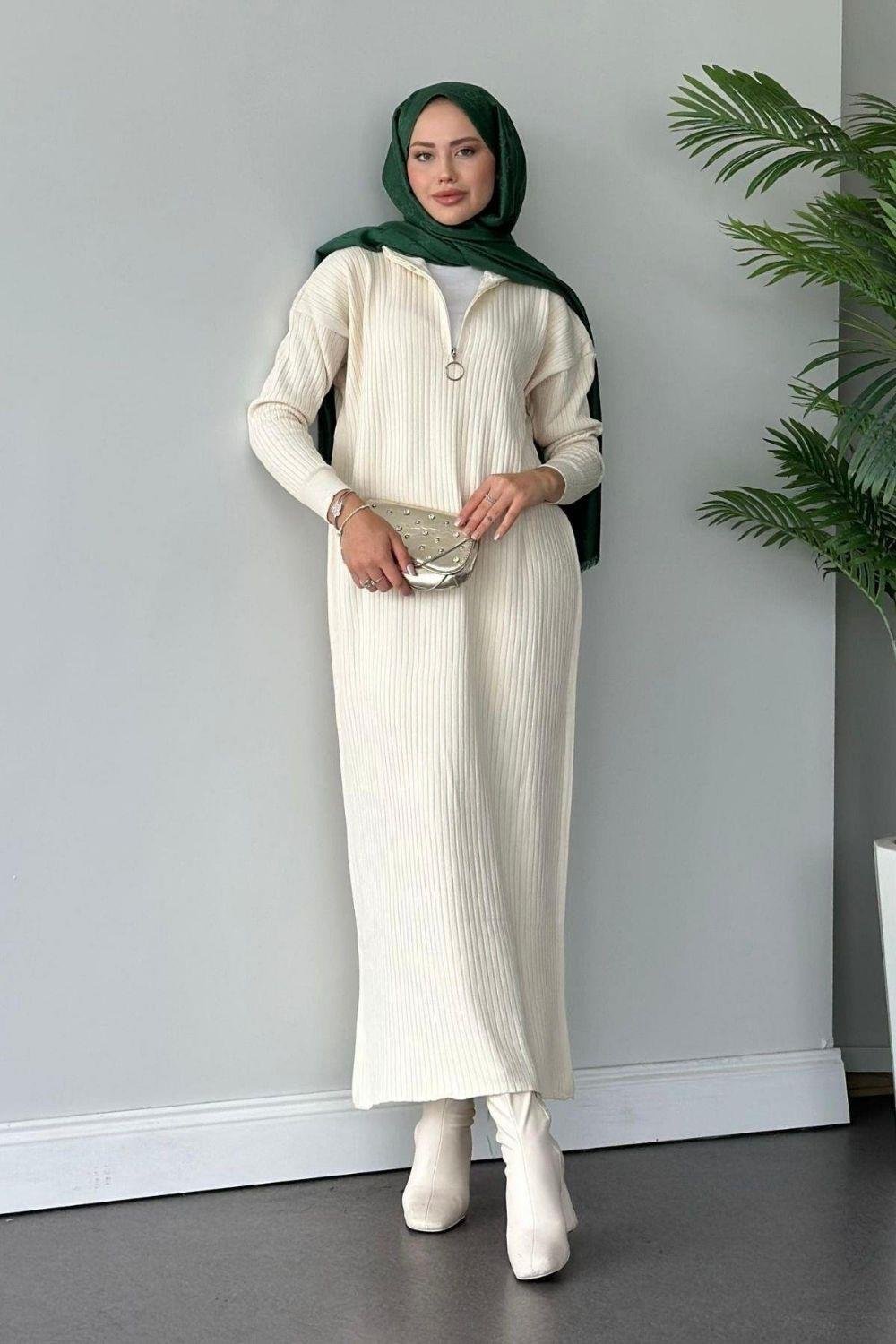 Bisiklet Yaka Triko Elbise Ekru 230740 