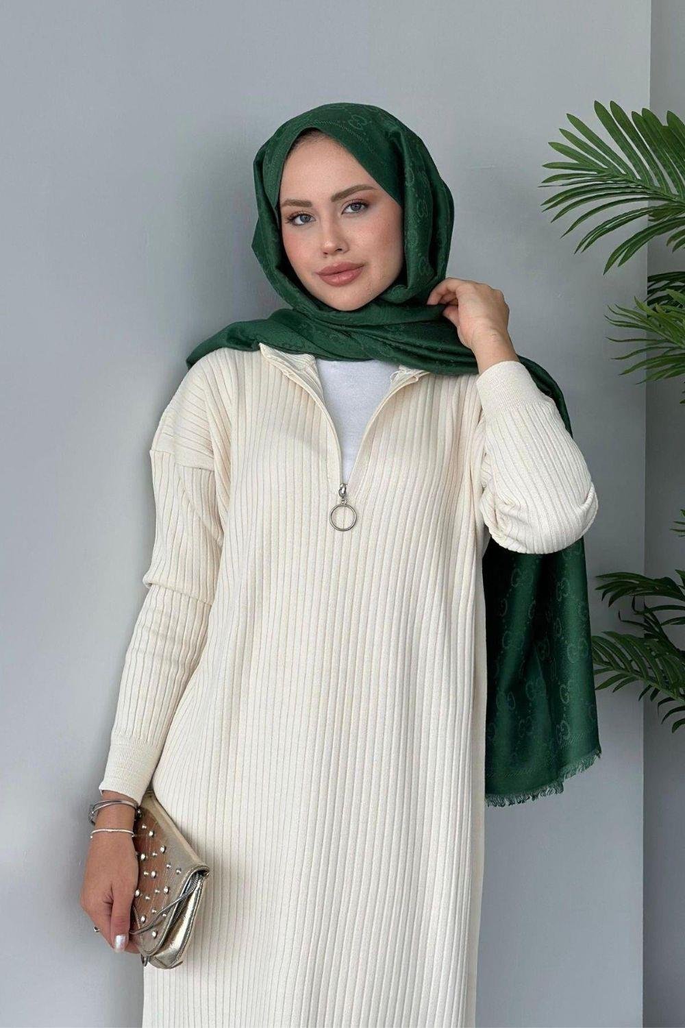 Bisiklet Yaka Triko Elbise Ekru 230740 